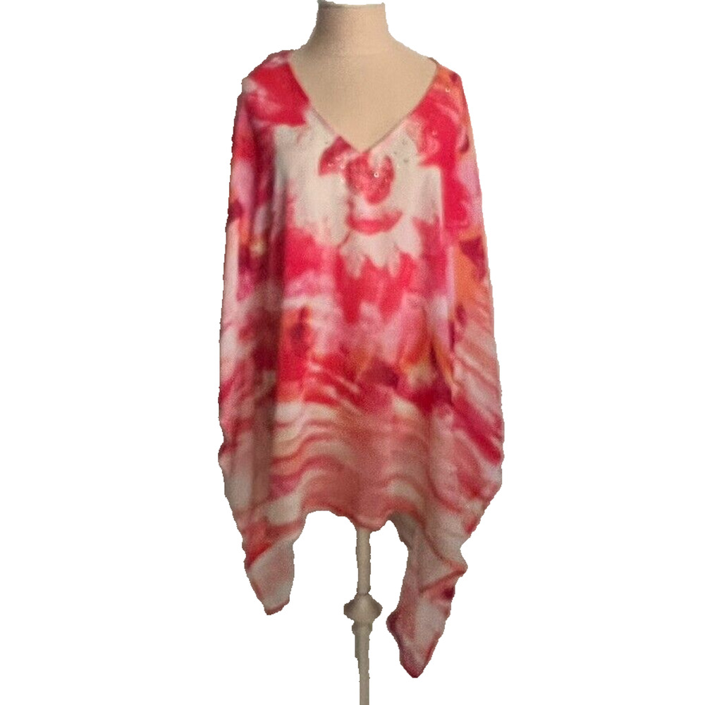 Catherines Top Blouse Women's Size 1X 18/20 Sheer Flowy Watercolor Floral Pink